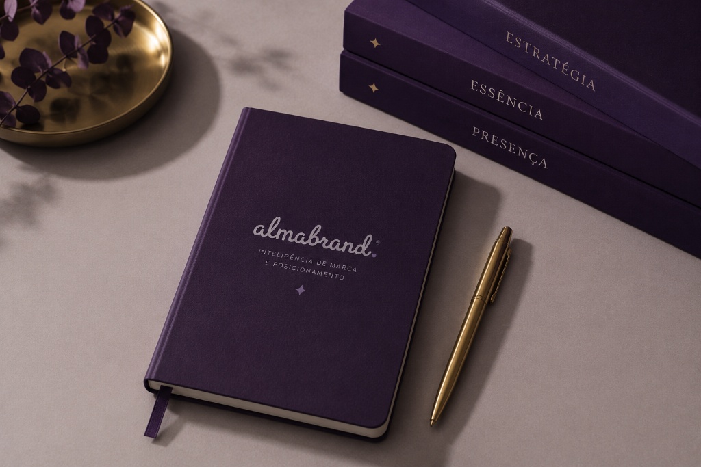 Caderno Almabrand com livros Estratégia, Essência e Presença